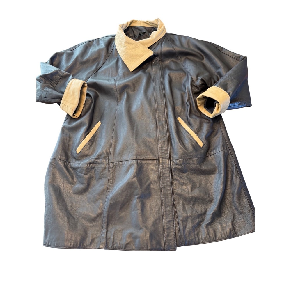 Vera Pelle Made in Italy Women Dark Brown‎ Leather Coat Cream Trim Size Medium